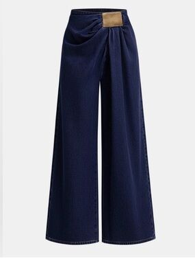 Commense Asymetrical Ruched Dark Blue Wide-Leg Draped Palazzo Pants New Sz M